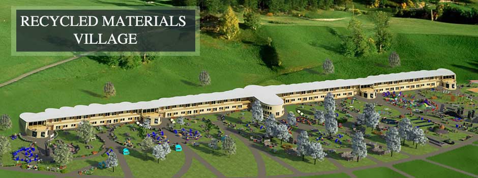 Recycled materials village header, earthship-inspired village, tire construction, recycled building, eco-living
