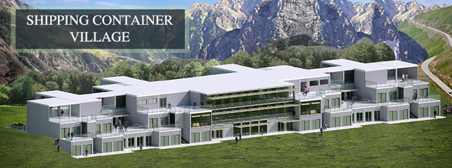 Shipping Container Village Header, shipping container structures, shipping container homes, eco-living in shipping containers